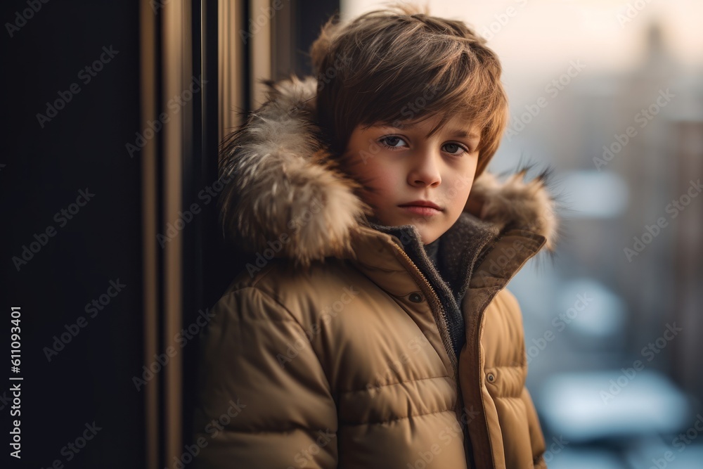 Medium shot portrait photography of a tender boy in his 30s wearing a cozy winter coat against a luxurious penthouse background. With generative AI technology Medium shot portrait photography of a tender boy in his 30s wearing a cozy winter coat against a luxurious penthouse background. With generative AI technology
