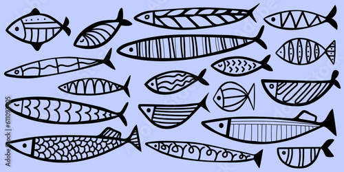 Simple fish collection. Set of tropical fish, sea creature. Ideal for wallpaper, textile, prints, and wrapping paper.