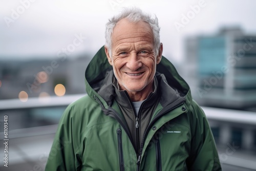 Medium shot portrait photography of a grinning mature man wearing a lightweight windbreaker against a luxurious penthouse background. With generative AI technology