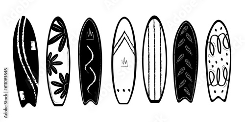 Set of vector cartoon surfboard in summer design with leaves, waves. Surfing Sport, Ocean Waves. Summer Activity, Lifestyle.