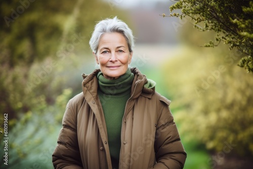 Environmental portrait photography of a satisfied mature woman wearing a warm parka against a serene tea garden background. With generative AI technology