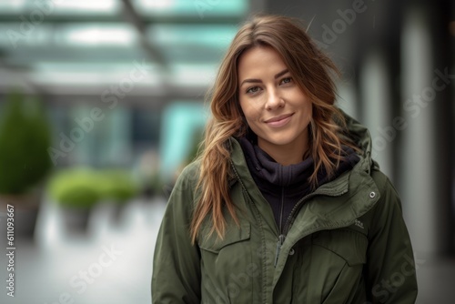 Lifestyle portrait photography of a satisfied girl in her 30s wearing a durable parka against a modern office building background. With generative AI technology