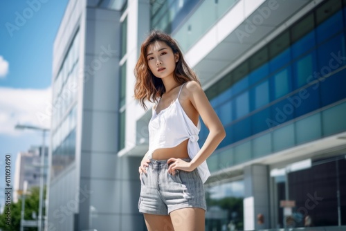 Environmental portrait photography of a glad girl in her 30s wearing breezy shorts against a modern office building background. With generative AI technology