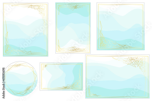 set de ilustraciones vectoriales con tematica de ondas azules y lineas doradas, para invitaciones cartas o postales photo