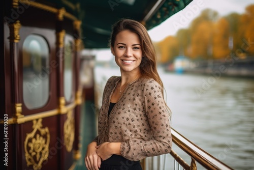 Medium shot portrait photography of a grinning girl in her 30s wearing an elegant long-sleeve shirt against a scenic riverboat background. With generative AI technology