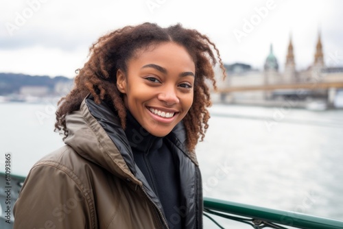 Close-up portrait photography of a joyful girl in her 30s wearing a sleek bomber jacket against a scenic riverboat background. With generative AI technology