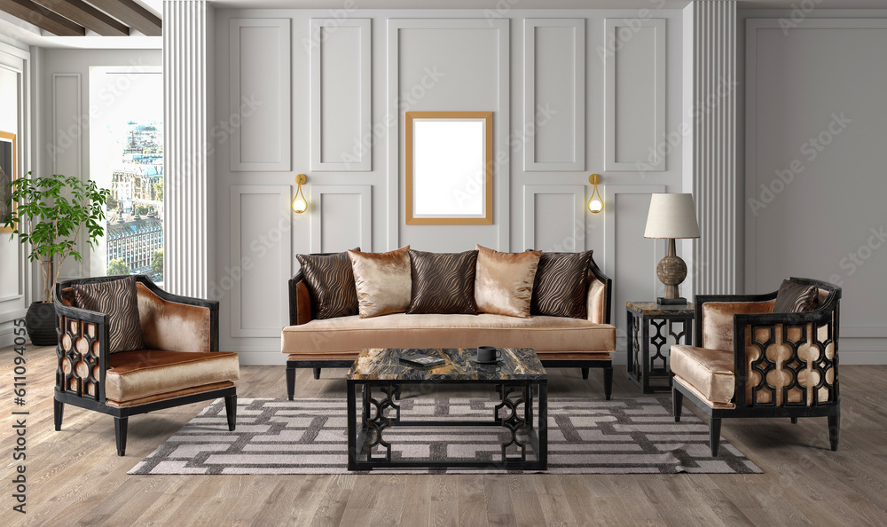 3D rendering of neoclassical living room interior. furniture set 3D rendering of neoclassical living room interior. furniture set