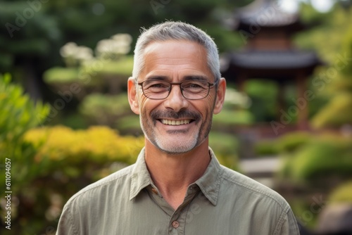 Close-up portrait photography of a grinning mature man wearing a casual short-sleeve shirt against a tranquil japanese garden background. With generative AI technology