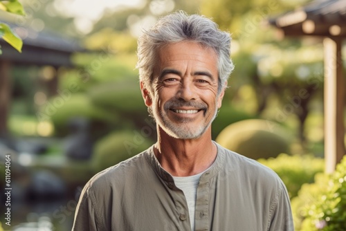 Close-up portrait photography of a grinning mature man wearing a casual short-sleeve shirt against a tranquil japanese garden background. With generative AI technology