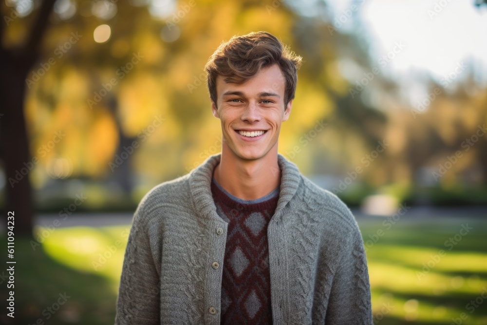 Medium shot portrait photography of a satisfied boy in his 30s wearing a cozy sweater against a vibrant city park background. With generative AI technology Medium shot portrait photography of a satisfied boy in his 30s wearing a cozy sweater against a vibrant city park background. With generative AI technology