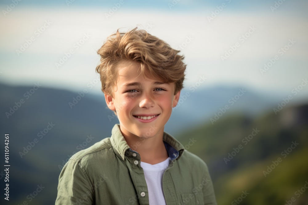Close-up portrait photography of a satisfied mature boy wearing a smart pair of trousers against a scenic mountain overlook background. With generative AI technology