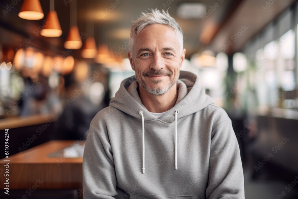 Conceptual portrait photography of a satisfied mature man wearing a stylish hoodie against a bustling cafe background. With generative AI technology Conceptual portrait photography of a satisfied mature man wearing a stylish hoodie against a bustling cafe background. With generative AI technology
