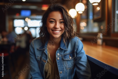 Medium shot portrait photography of a happy girl in her 30s wearing a denim jacket against a bustling cafe background. With generative AI technology