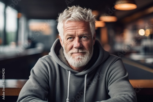 Conceptual portrait photography of a satisfied mature man wearing a stylish hoodie against a bustling cafe background. With generative AI technology