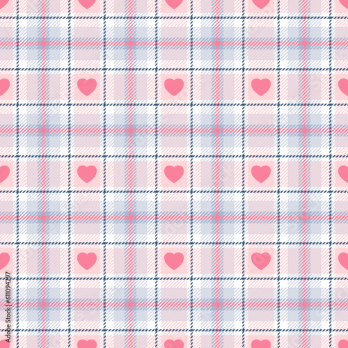 Heart seamless pattern. Repeating plaid tartan pink color. Check design for prints. Repeated scottish flannel. Madras fabric. Modern wool lattice. Repeat abstract ekose woven. Vector illustration