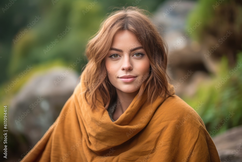Headshot portrait photography of a satisfied girl in her 30s wearing a unique poncho against a serene rock garden background. With generative AI technology