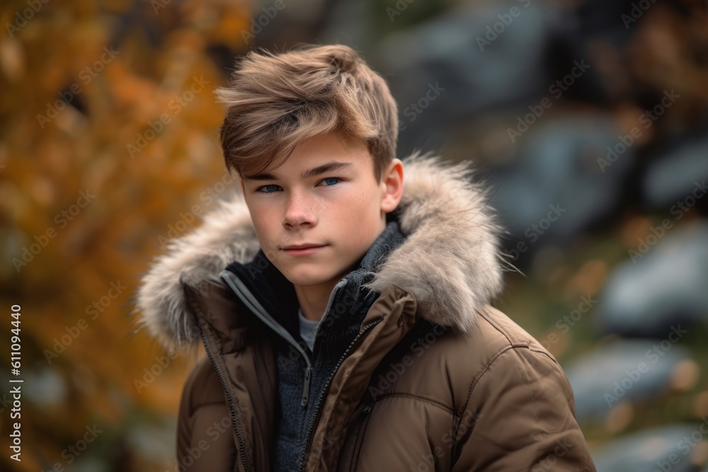 Close-up portrait photography of a glad boy in his 30s wearing a cozy winter coat against a serene rock garden background. With generative AI technology Close-up portrait photography of a glad boy in his 30s wearing a cozy winter coat against a serene rock garden background. With generative AI technology