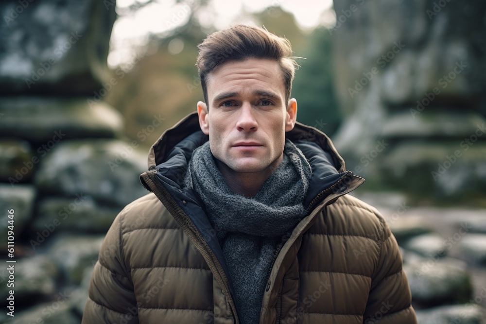 Close-up portrait photography of a glad boy in his 30s wearing a cozy winter coat against a serene rock garden background. With generative AI technology
