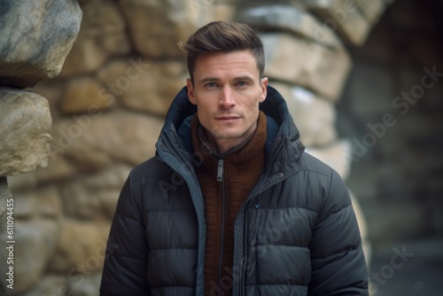 Close-up portrait photography of a glad boy in his 30s wearing a cozy winter coat against a serene rock garden background. With generative AI technology
