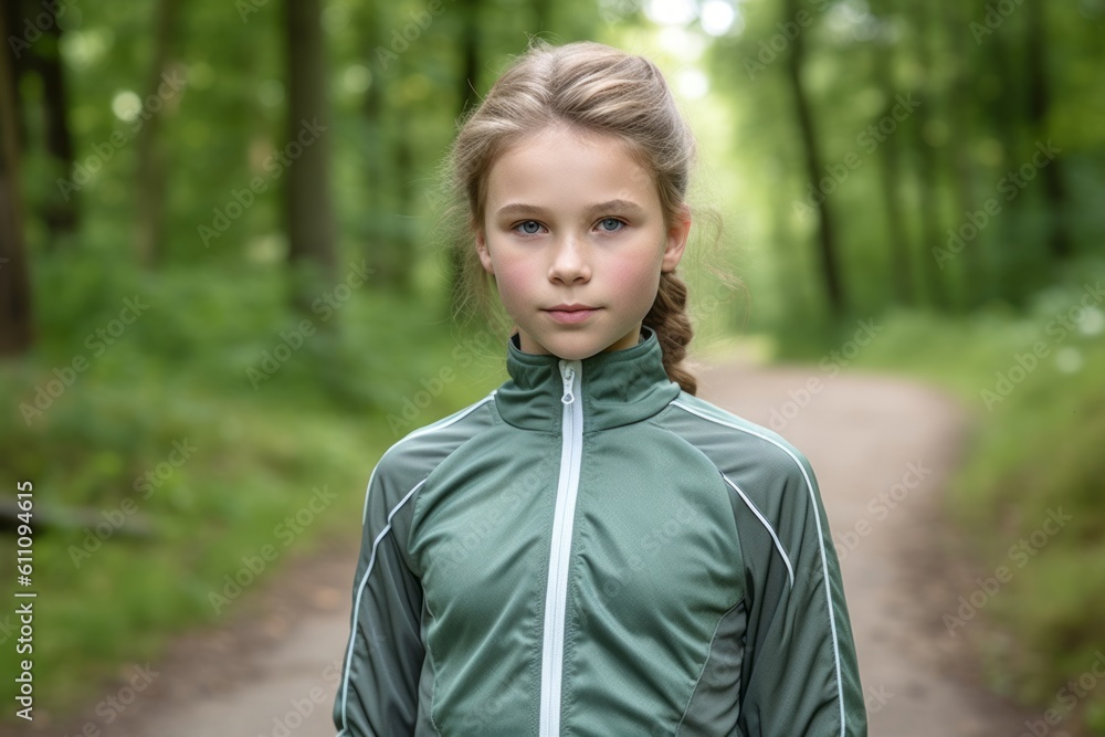Medium shot portrait photography of a glad kid female wearing a comfortable tracksuit against a serene nature trail background. With generative AI technology Medium shot portrait photography of a glad kid female wearing a comfortable tracksuit against a serene nature trail background. With generative AI technology