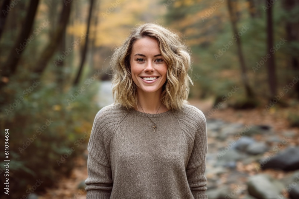 Medium shot portrait photography of a satisfied girl in her 30s wearing a cozy sweater against a serene nature trail background. With generative AI technology Medium shot portrait photography of a satisfied girl in her 30s wearing a cozy sweater against a serene nature trail background. With generative AI technology