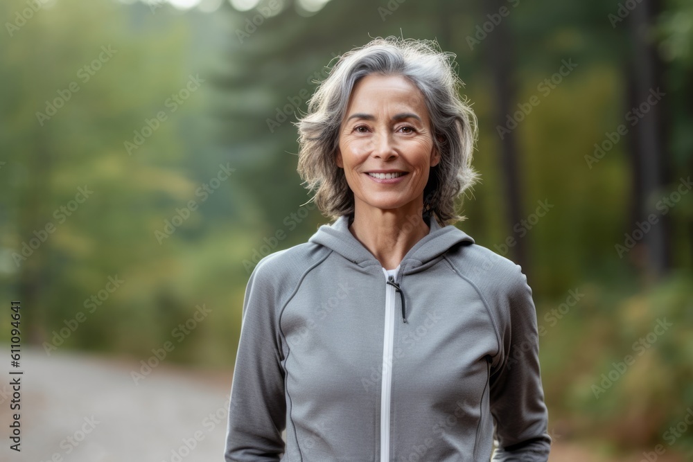 Medium shot portrait photography of a happy mature girl wearing a sporty full tracksuit against a serene nature trail background. With generative AI technology Medium shot portrait photography of a happy mature girl wearing a sporty full tracksuit against a serene nature trail background. With generative AI technology