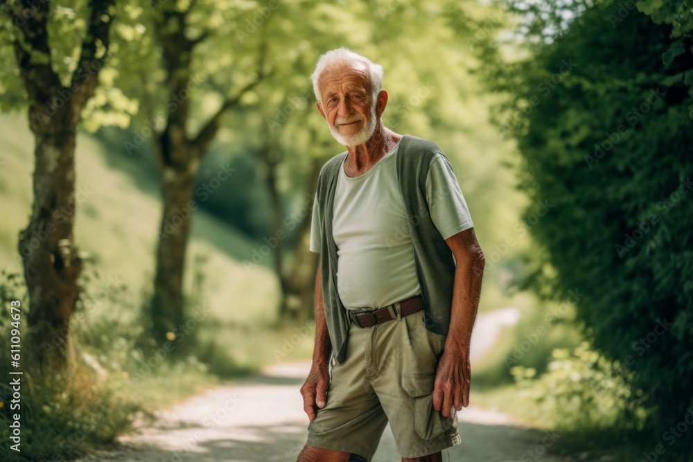 Environmental portrait photography of a glad old man wearing breezy shorts against a serene nature trail background. With generative AI technology