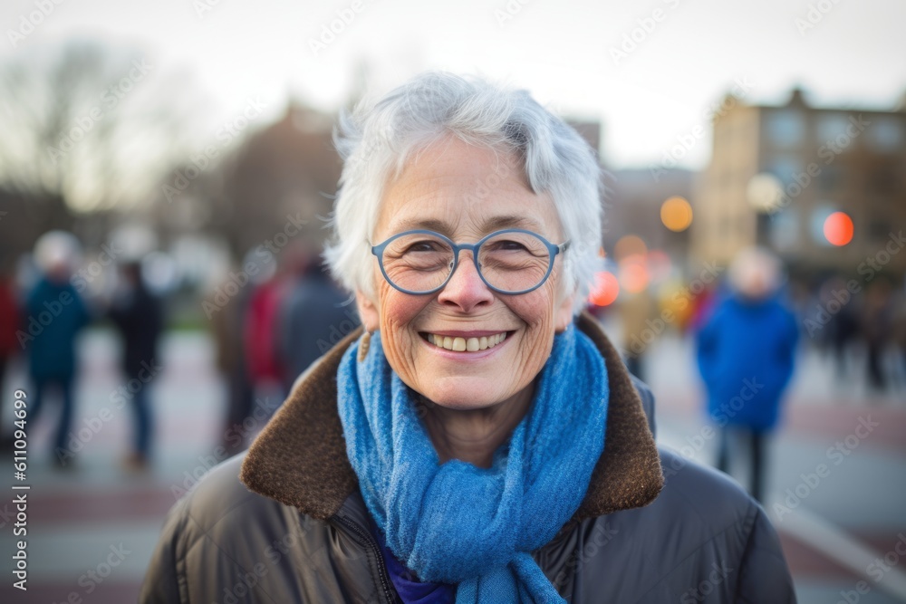 Close-up portrait photography of a happy old woman wearing a cozy winter coat against a bustling university campus background. With generative AI technology Close-up portrait photography of a happy old woman wearing a cozy winter coat against a bustling university campus background. With generative AI technology
