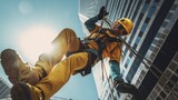 Generative AI construction worker falling from a height of under building construction site but has a safety harness device and tension zip line they are equipped with life-saving safety equipment 