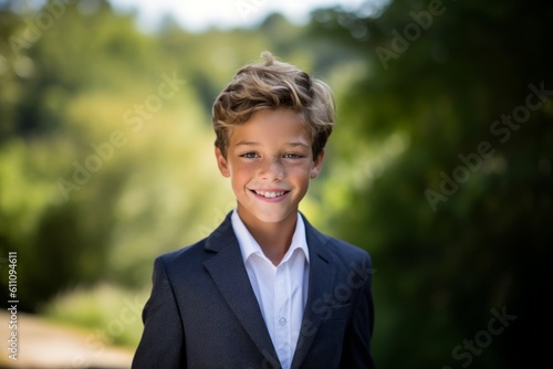 Close-up portrait photography of a grinning kid male wearing a sleek suit against a serene nature trail background. With generative AI technology