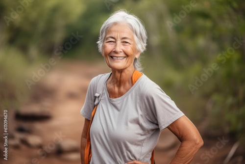 Lifestyle portrait photography of a satisfied old woman wearing a casual short-sleeve shirt against a serene nature trail background. With generative AI technology