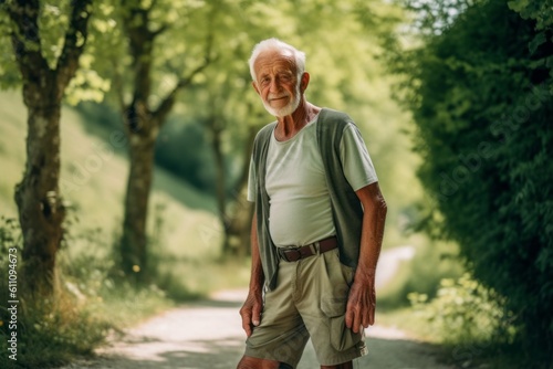 Environmental portrait photography of a glad old man wearing breezy shorts against a serene nature trail background. With generative AI technology © Markus Schröder