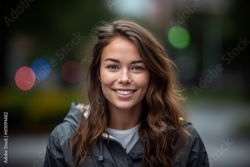 Headshot portrait photography of a satisfied girl in her 30s wearing a lightweight windbreaker against a bustling university campus background. With generative AI technology © Markus Schröder