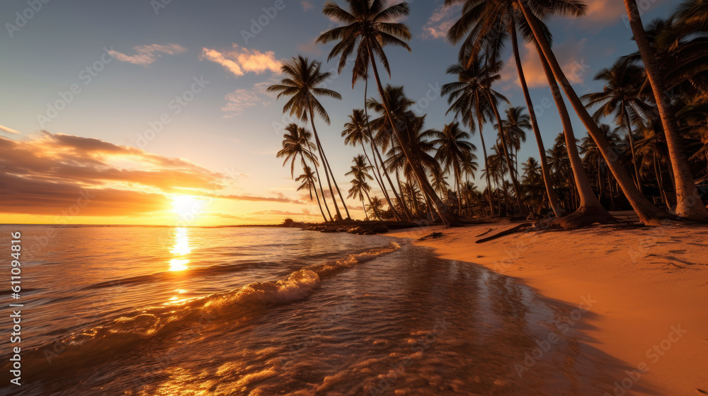 Sunset Serenade: A Captivating Low Angle View of a Beach Oasis. Generative AI