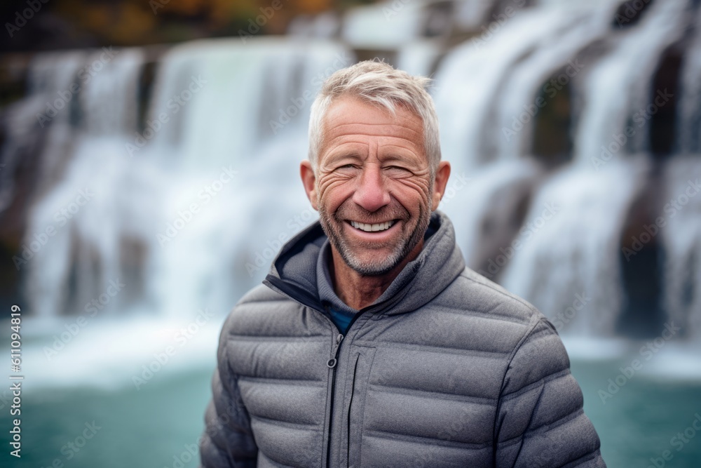Headshot portrait photography of a grinning mature man wearing a cozy sweater against a picturesque waterfall background. With generative AI technology
