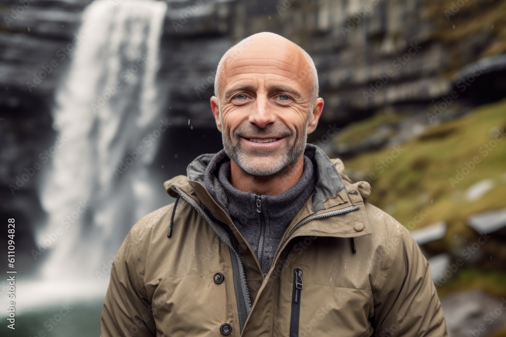 Lifestyle portrait photography of a happy mature man wearing a warm parka against a picturesque waterfall background. With generative AI technology Lifestyle portrait photography of a happy mature man wearing a warm parka against a picturesque waterfall background. With generative AI technology