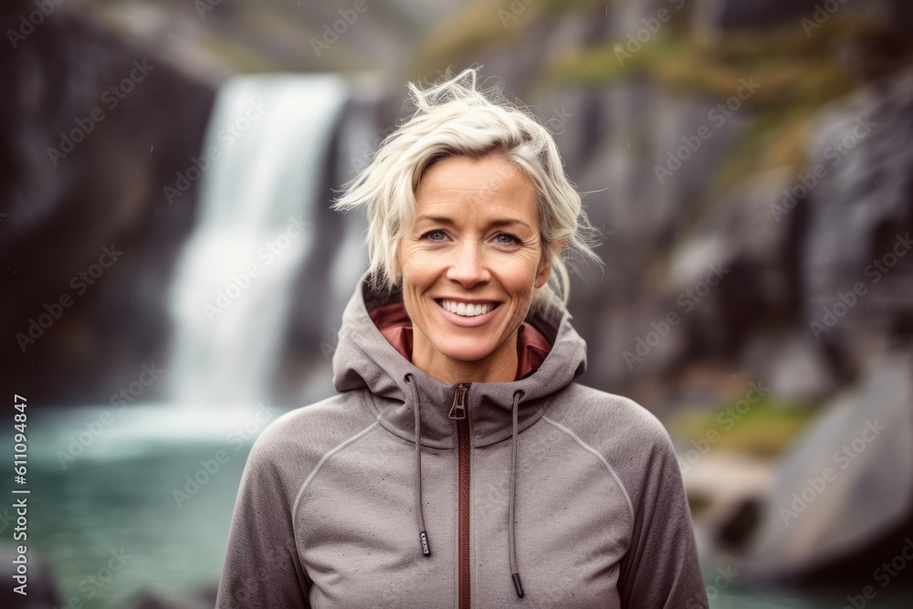Headshot portrait photography of a joyful mature girl wearing a stylish hoodie against a picturesque waterfall background. With generative AI technology Headshot portrait photography of a joyful mature girl wearing a stylish hoodie against a picturesque waterfall background. With generative AI technology
