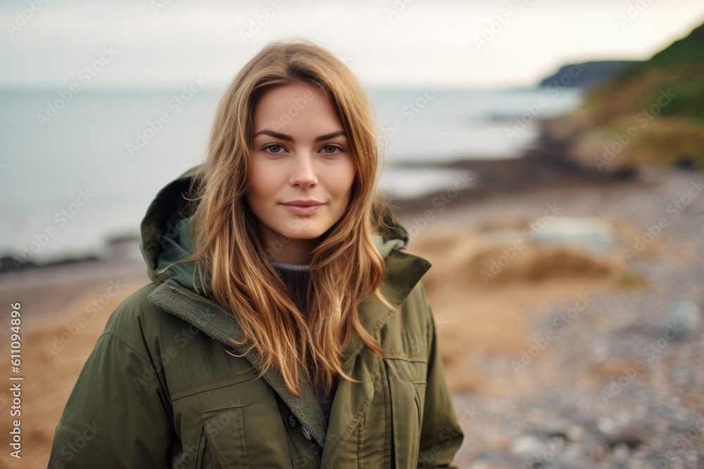 Medium shot portrait photography of a glad girl in her 30s wearing a durable parka against a scenic coastal village background. With generative AI technology Medium shot portrait photography of a glad girl in her 30s wearing a durable parka against a scenic coastal village background. With generative AI technology