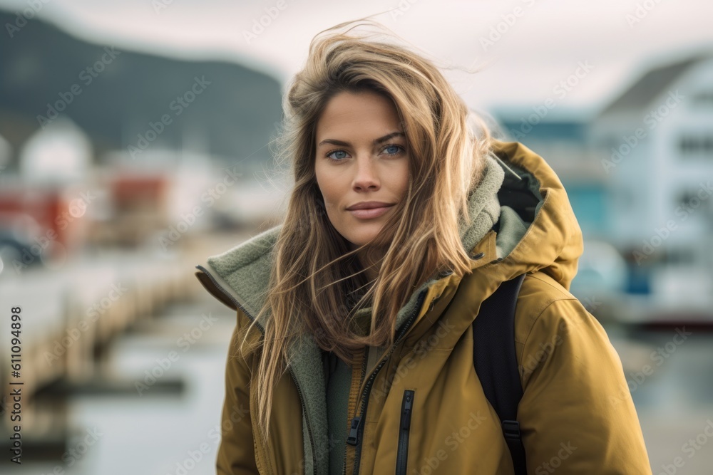 Medium shot portrait photography of a glad girl in her 30s wearing a durable parka against a scenic coastal village background. With generative AI technology