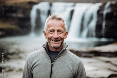Headshot portrait photography of a grinning mature man wearing a cozy sweater against a picturesque waterfall background. With generative AI technology © Markus Schröder