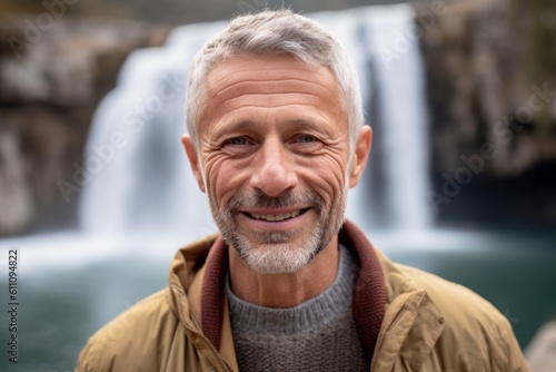 Headshot portrait photography of a grinning mature man wearing a cozy sweater against a picturesque waterfall background. With generative AI technology