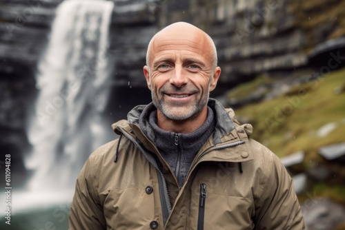 Lifestyle portrait photography of a happy mature man wearing a warm parka against a picturesque waterfall background. With generative AI technology