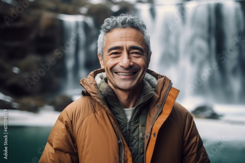 Lifestyle portrait photography of a happy mature man wearing a warm parka against a picturesque waterfall background. With generative AI technology