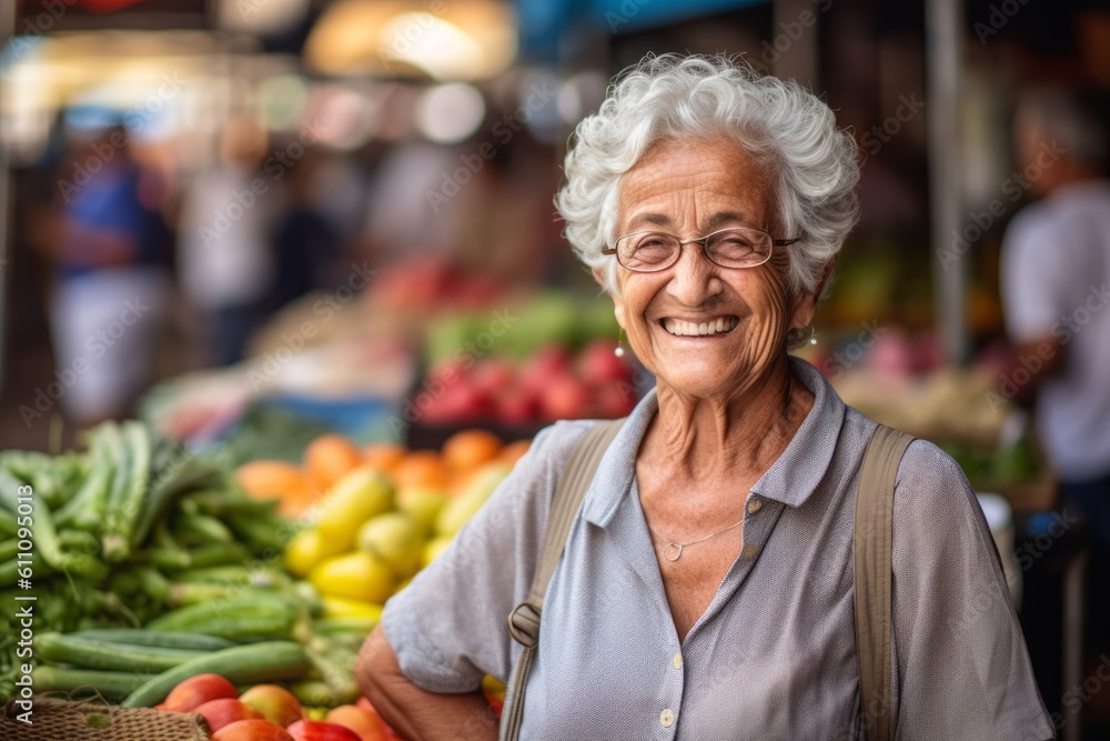 Headshot portrait photography of a glad old woman wearing breezy shorts against a vibrant farmer's market background. With generative AI technology