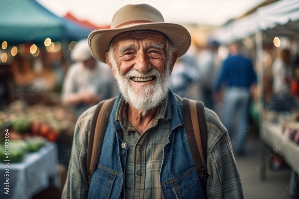 Lifestyle portrait photography of a grinning old man wearing a denim jacket against a vibrant farmer's market background. With generative AI technology Lifestyle portrait photography of a grinning old man wearing a denim jacket against a vibrant farmer's market background. With generative AI technology