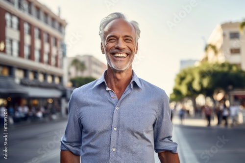 Lifestyle portrait photography of a joyful mature man wearing a classy button-up shirt against a bustling city square background. With generative AI technology