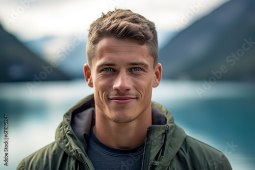 Close-up portrait photography of a glad boy in his 30s wearing soft sweatpants against a serene alpine lake background. With generative AI technology