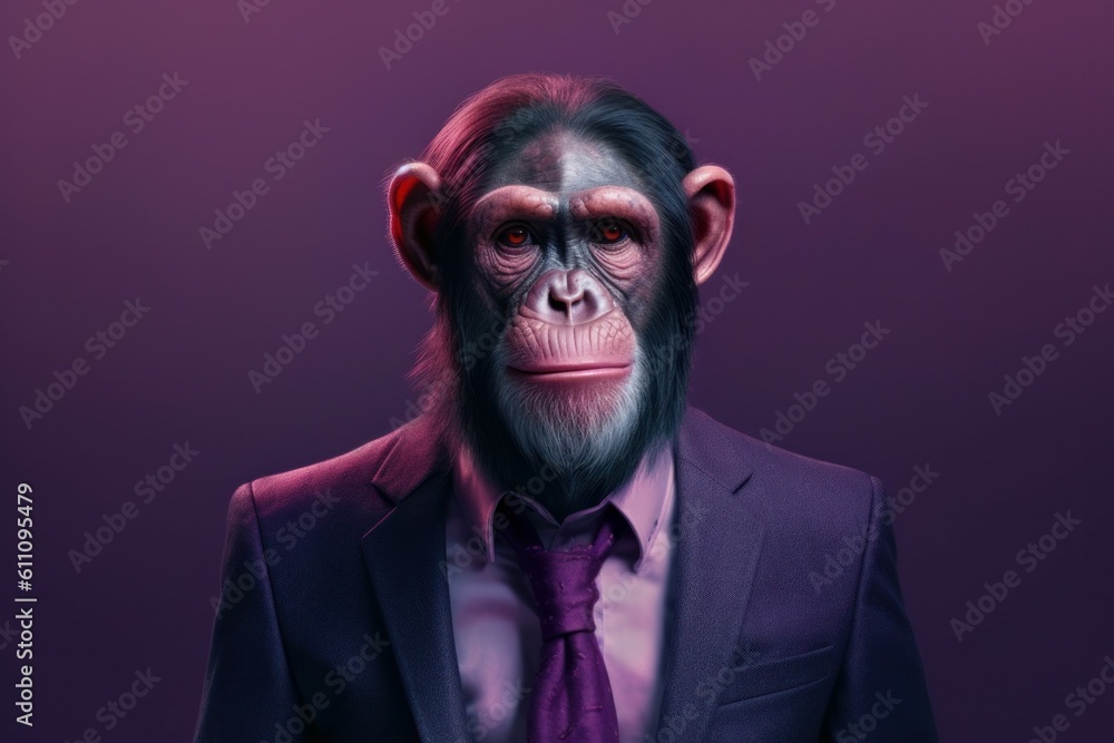 Anthropomorphic chimp dressed in a suit like a businessman. business concept. AI generated, human enhanced Anthropomorphic chimp dressed in a suit like a businessman. business concept. AI generated, human enhanced