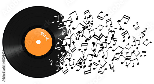 Abstract vinyl record with notes, transparent background