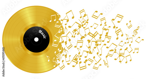 Abstract gold vinyl record with notes, transparent background